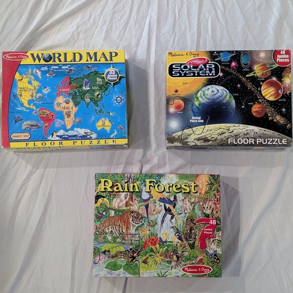 Lot of 3 Melissa & Doug Jumbo Floor Puzzles World Map Solar System Rain Forest - Picture 1 of 9